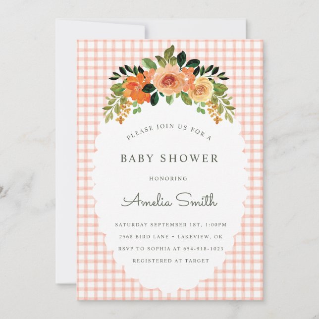 Convite 011 Terracotta Gingham Baby Shower Invitations (Frente)