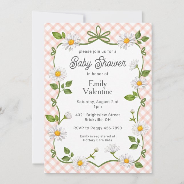 Convite 011 Terracotta Rust Floral Daisy Plaid Baby Shower (Frente)