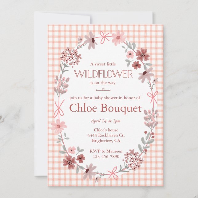 Convite 011 Terracotta Wildflower Bow Gingham Baby Shower (Frente)