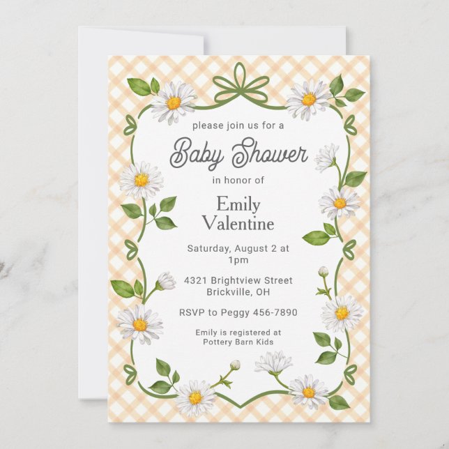 Convite 012 Copper Rust Floral Daisy Plaid Baby Shower (Frente)