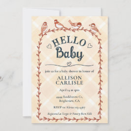 Convite 012 Copper Watercolor Gingham Birds Baby Shower