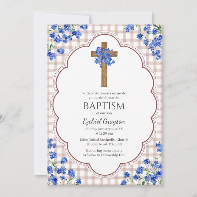 Convite 013 Chocolate Blossom Rustic Cross Design Baptism (Frente)