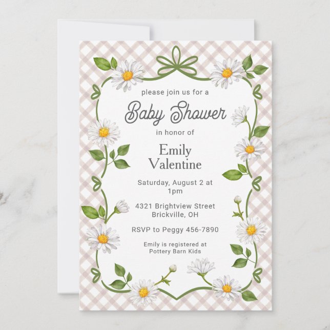 Convite 013 Chocolate Brown Floral Daisy Plaid Baby Shower (Frente)