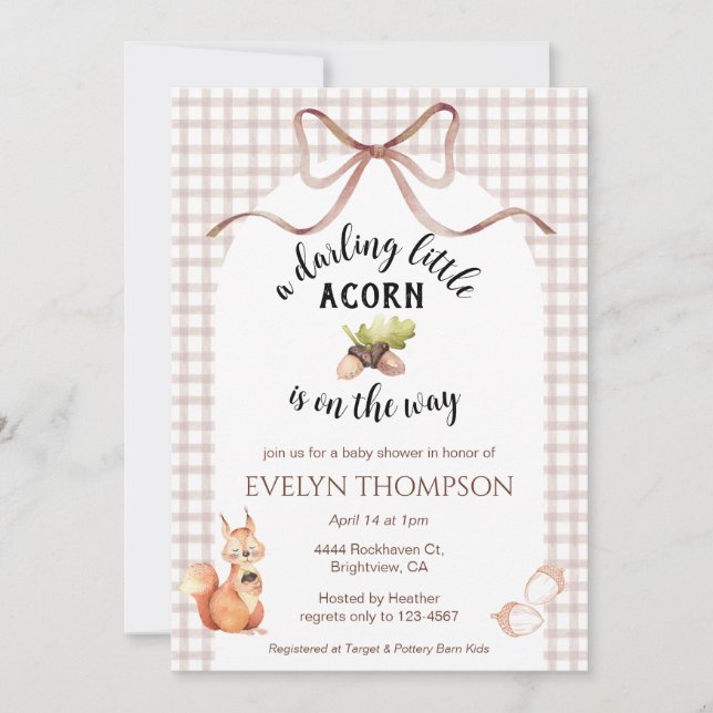 Convite 013 Chocolate Squirrel Acorn Gingham Baby Shower (Frente)