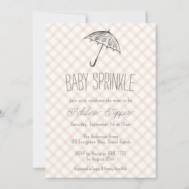 Convite 014 Latte Marrom Guarda-chuva Xadrez Baby Sprinkle (Frente)