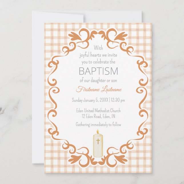Convite 014 Latte Tan Scroll Gingham Cross Candle Baptism (Frente)