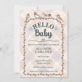 Convite 014 Latte Watercolor Gingham Birds Baby Shower