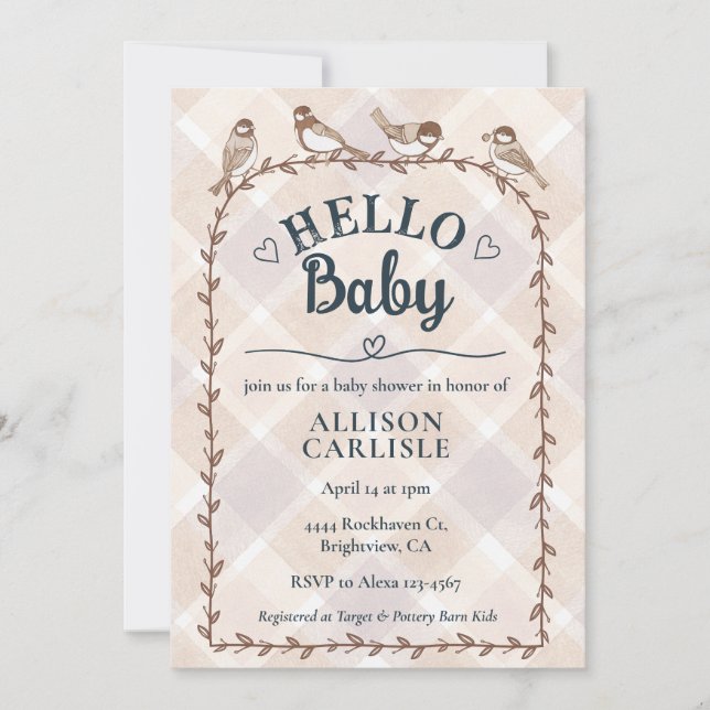 Convite 014 Latte Watercolor Gingham Birds Baby Shower (Frente)