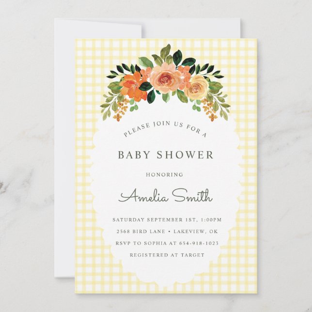 Convite 015 Lemon Floral Gingham Baby Shower Invitations (Frente)