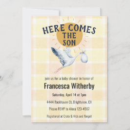 Convite 015 Lemon Watercolor Plaid Stork Boho Baby Shower