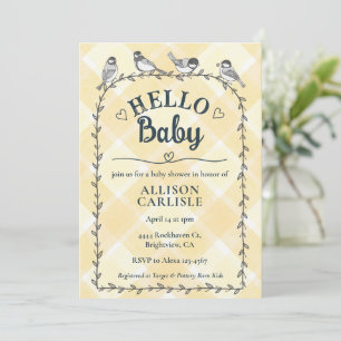 Convite 016 Marigold Aquarela Xadrez Aves Baby Shower