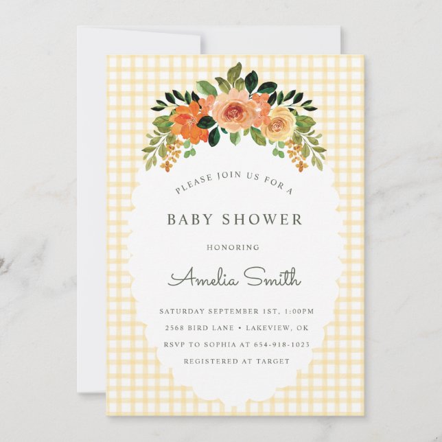 Convite 016 Marigold Floral Gingham Baby Shower Invitation (Frente)