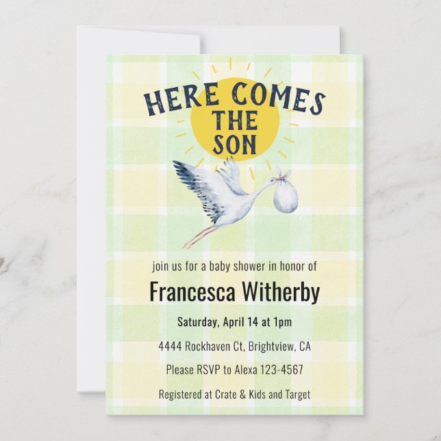 Convite 017 Moss Gingham Plaid Stork Boho Baby Shower (Frente)