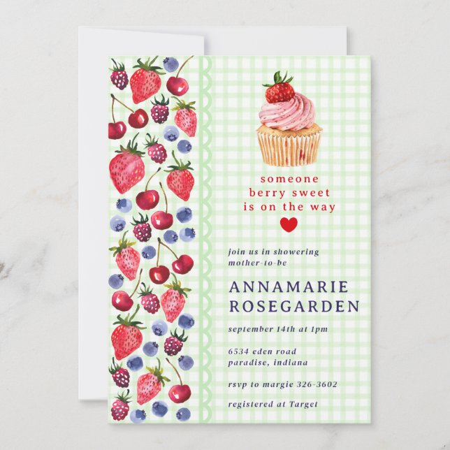 Convite 017 Moss Green Berry Patch Cupcake Chá de Bebê (Frente)