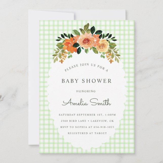 Convite 017 Moss Green Gingham Baby Shower Invitations (Frente)