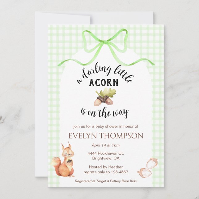 Convite 017 Moss Green Squirrel Acorn Gingham Baby Shower (Frente)