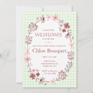 Convite 017 Moss Green Wildflower Bow Gingham Baby Shower