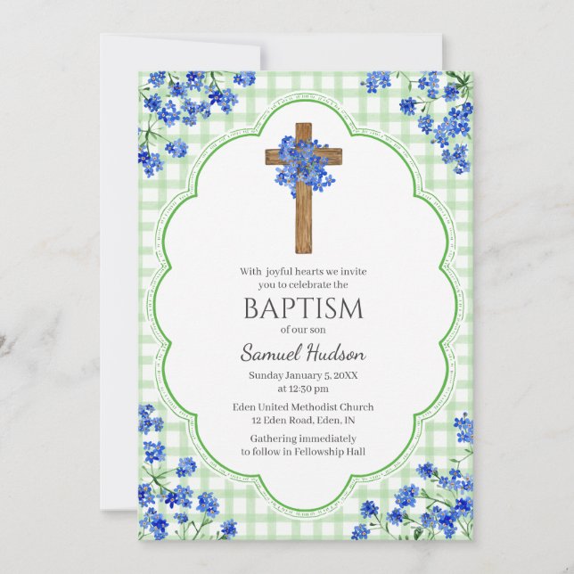 Convite 018 Grass Blossom Rustic Cross Design Baptism (Frente)
