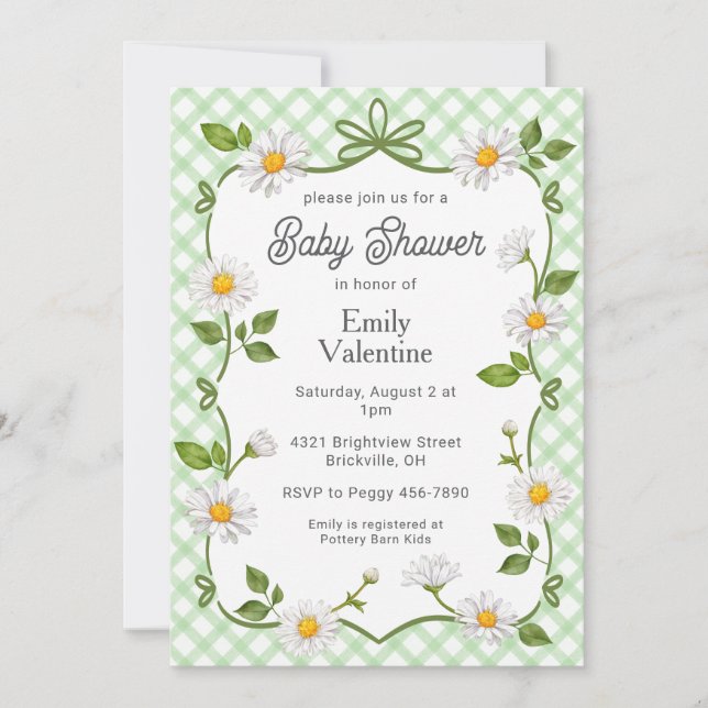 Convite 018 Grass Green Floral Daisy Plaid Baby Shower (Frente)