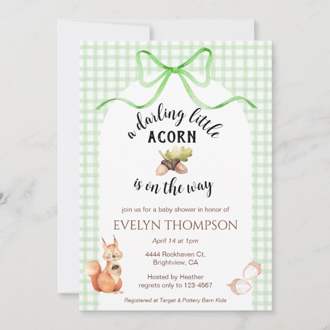 Convite 018 Grass Green Squirrel Acorn Gingham Baby Shower (Frente)