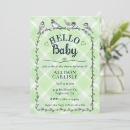 Convite 018 Grass Watercolor Gingham Birds Baby Shower