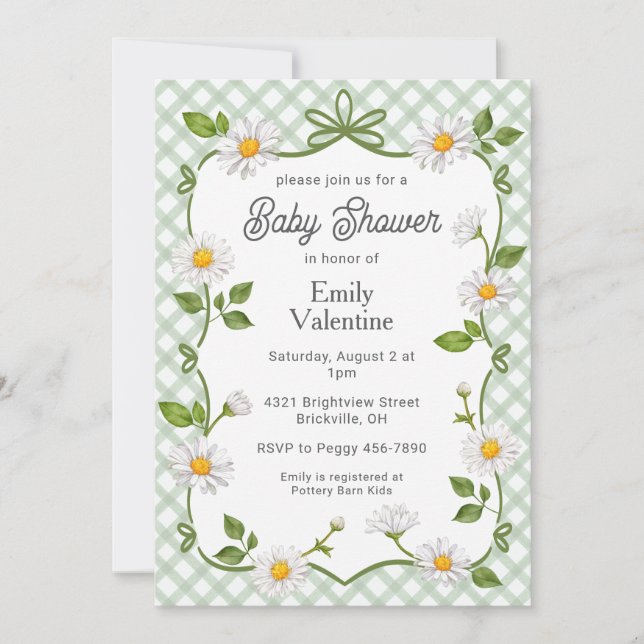Convite 019 Forest Green Floral Daisy Plaid Baby Shower (Frente)