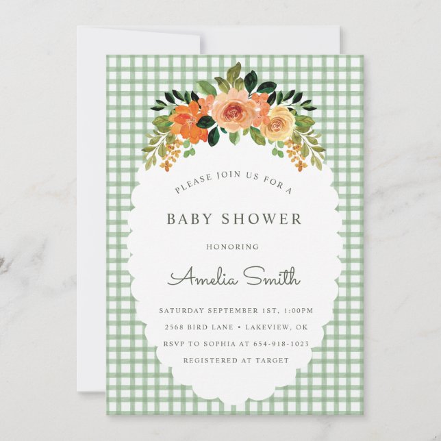Convite 019 Forest Green Gingham Baby Shower Invitations (Frente)