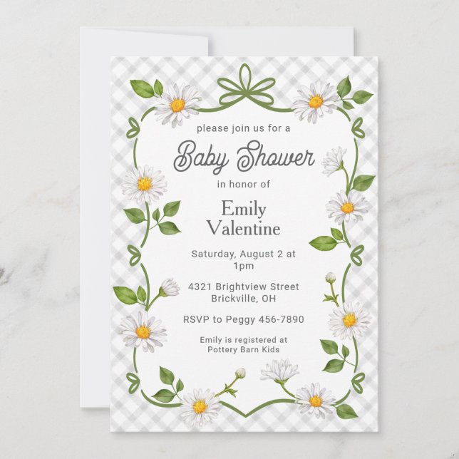 Convite 020 Fog Grey Floral Daisy Plaid Baby Shower (Frente)