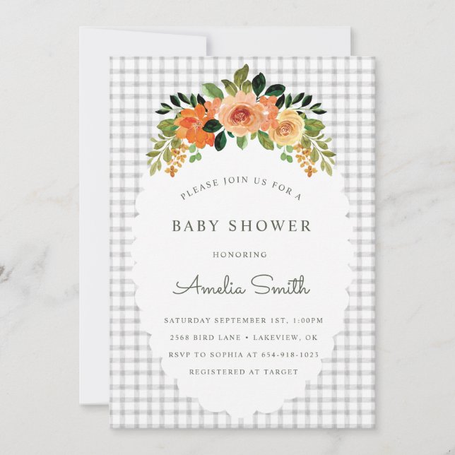 Convite 020 Fog Grey Floral Gingham Baby Shower Invitation (Frente)