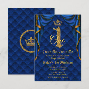 Convite 1º 1 PRIMEIRO Aniversário Festa Azul Real Dourado 