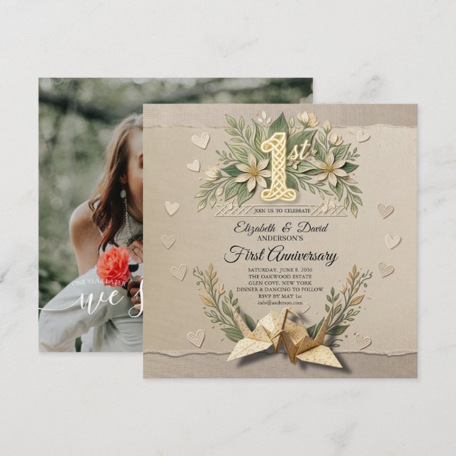 Convite 1º Aniversário de Casamento em Papel Corte de Grou (Frente/Verso)
