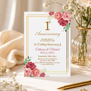 Convite 1º Aniversário de Casamento Moldura Dourada Floral