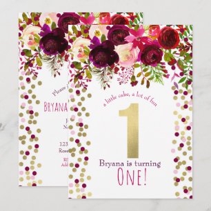 Convite 1º Aniversário Dourado Burgundy Floral Ousado