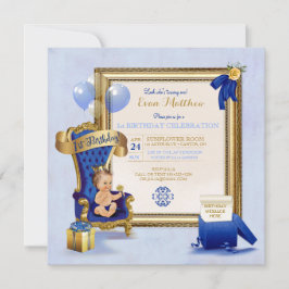 Convite 1º Aniversário Príncipe Menino Azul Real Dourado F