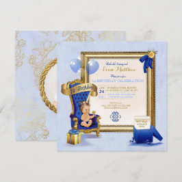 Convite 1º Aniversário Príncipe Menino Azul Real Dourado F