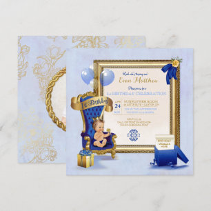 Convite 1º Aniversário Príncipe Menino Azul Real Dourado F