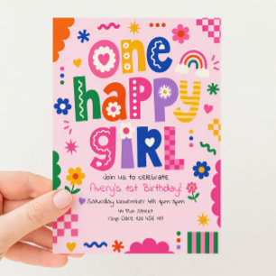 Convite 1º Aniversário Uma Menina Feliz Cores Vibrantes