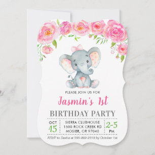 Convite 1º Primeiro Aniversário Menina Floral Elefante Ros