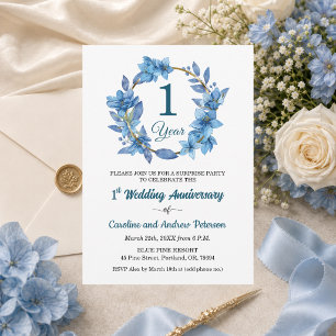Convite 1º Surpresa Floral Azul de Aniversário de Casament