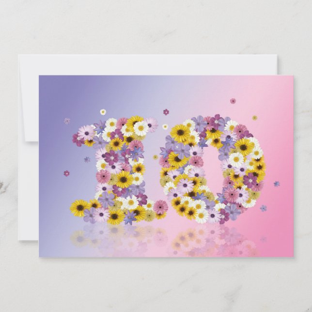 Convite 10ª Festa de aniversário, com letras floridas (Frente)