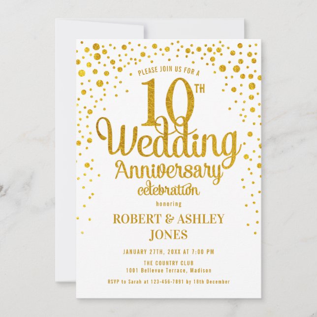 Convite 10º Aniversário de Casamento - Dourado e Branco (Frente)