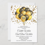 Convite 10º Aniversário de Casamento Dourado e Preto em Br<br><div class="desc">Um elegante balões de ouro festivo e preto em branco, 10 anos de casamento, convite com balões de ouro e negros e confete com tipografia de escrita branca contrastando com o tipo clássico de serifa de sans. Este convite tem um talento festivo com forte contraste e estilo moderno. personalize para...</div>