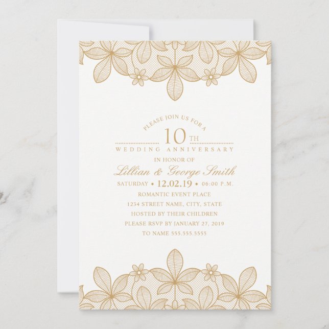 Convite 10º Aniversário de Casamento Renda Dourada Elegant (Frente)