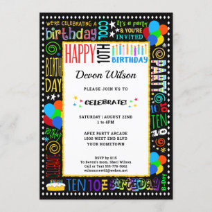 Convite 10º aniversário do Diversão Cor Texto Louco no 