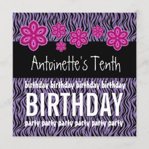 Convite 10º Aniversário Flores Rosa e Zebra Púrpura A07
