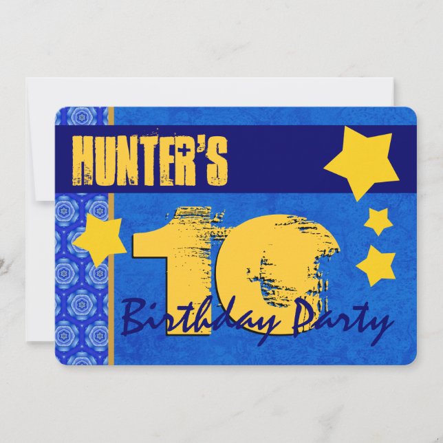 Convite 10º Aniversário Moderno para Ele Azul e Dourado W1 (Frente)