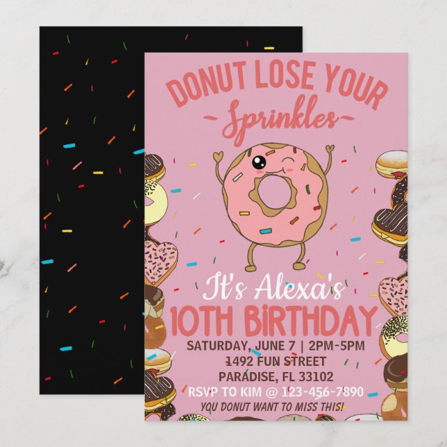 Convite 10º aniversário Tema da Rosquinha de aniversário F (Frente/Verso)