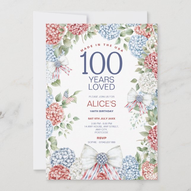 Convite 100ª Festa de aniversário, Vermelho Branco e Azul, (Frente)
