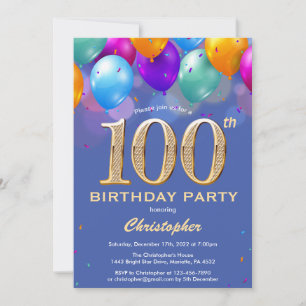 Convite 100º Aniversário Balões Azuis e Dourados Coloridos