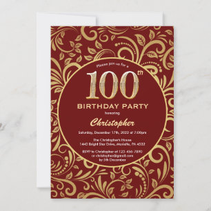 Convite 100º Aniversário Borgonha Vermelha e Dourado Padrã
